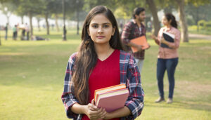 Image of a female teenager holding books in a park.